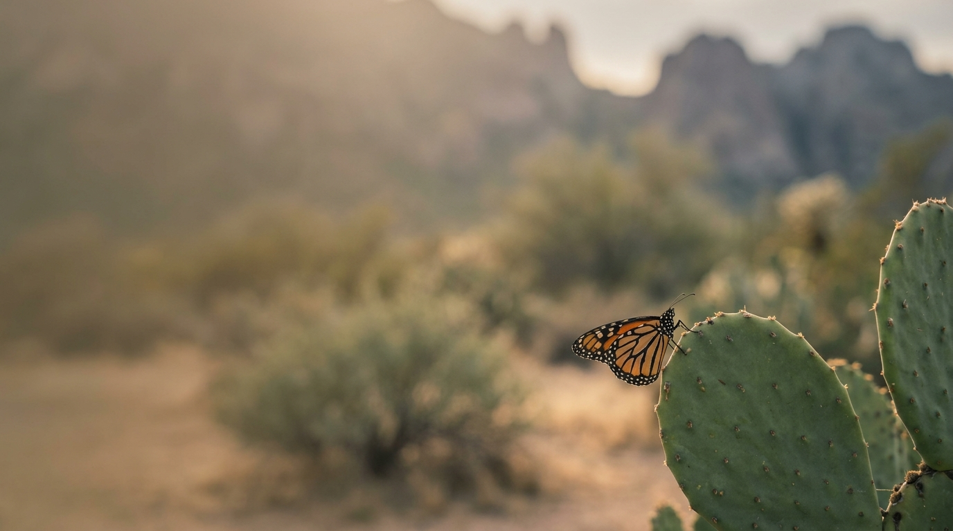 A monarch butterfly resting on a nopal cactus in the Arizona desert at golden hour